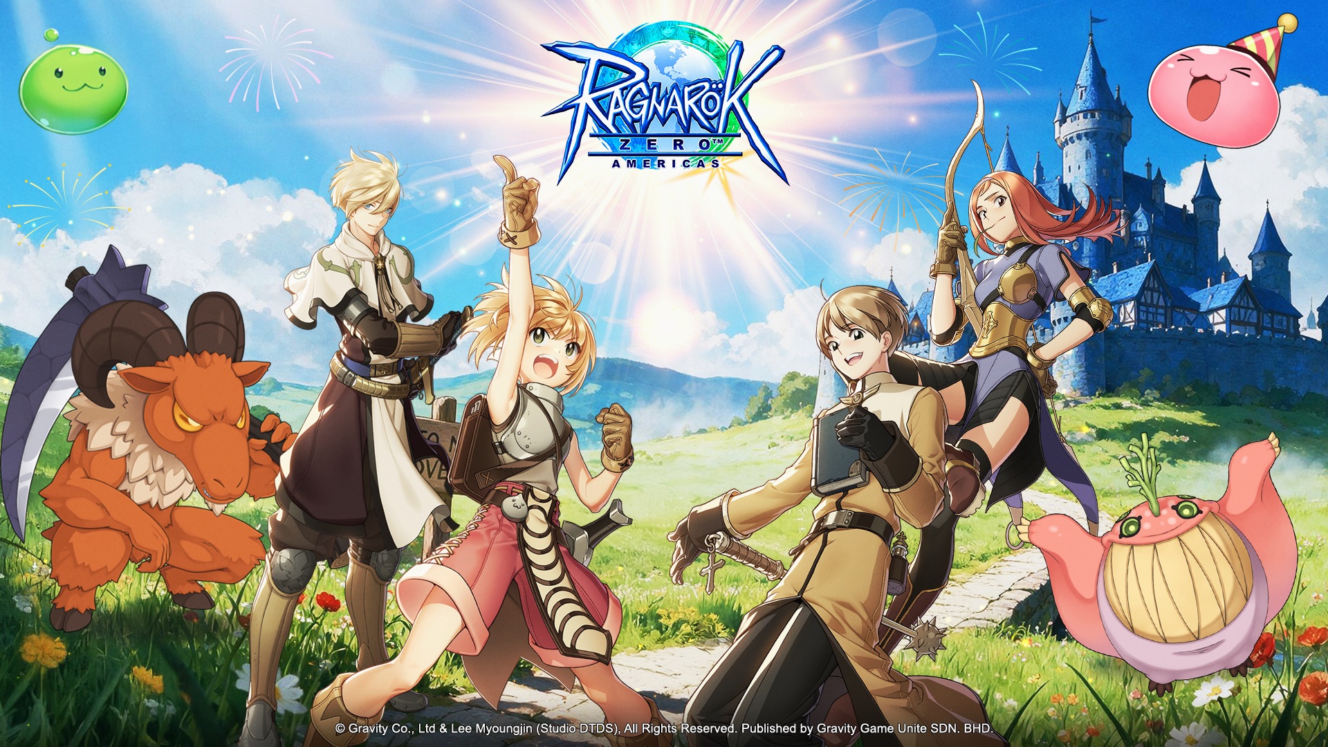 Ragnarok Zero: Americas con aventureros y criaturas en un paisaje de fantasía